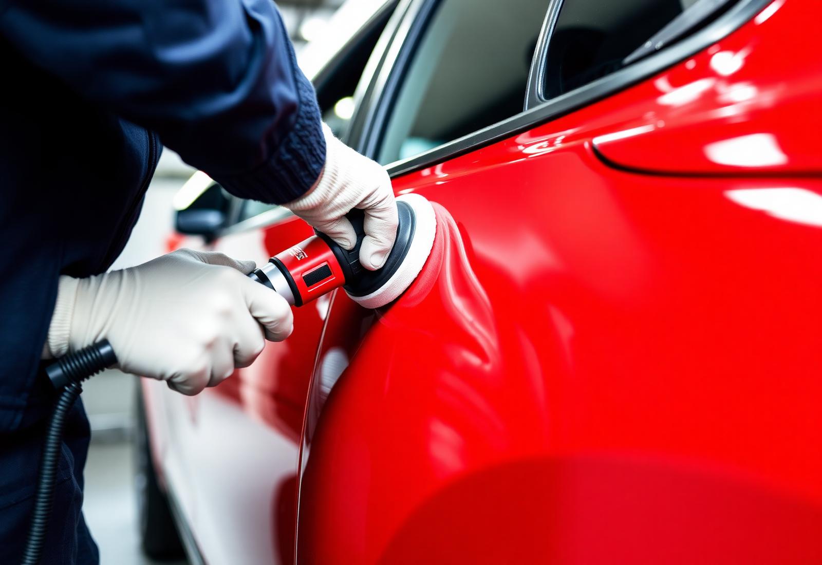 Top Coat technician polishing a red car door in Warrington